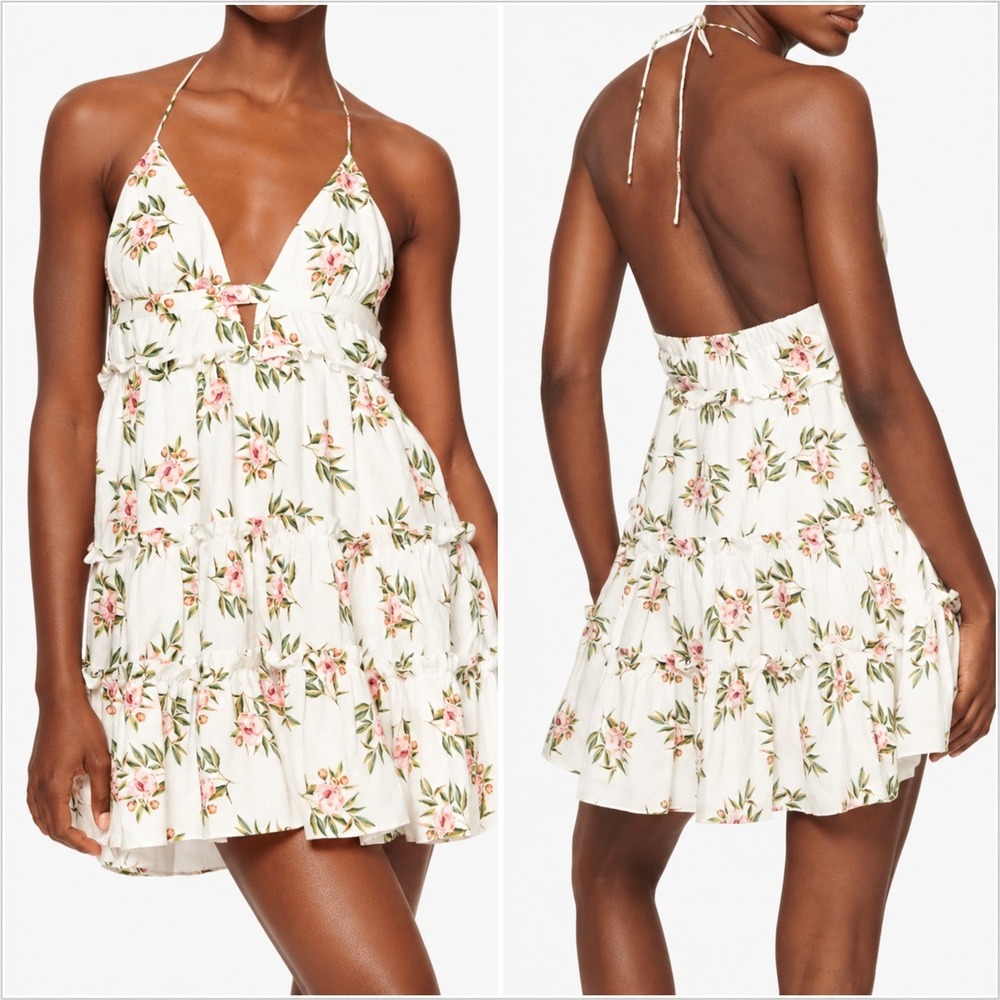 CAMI NYC Doris Linen Halter Mini Dress Posy Floral Medium Tiered Ruffle Summer